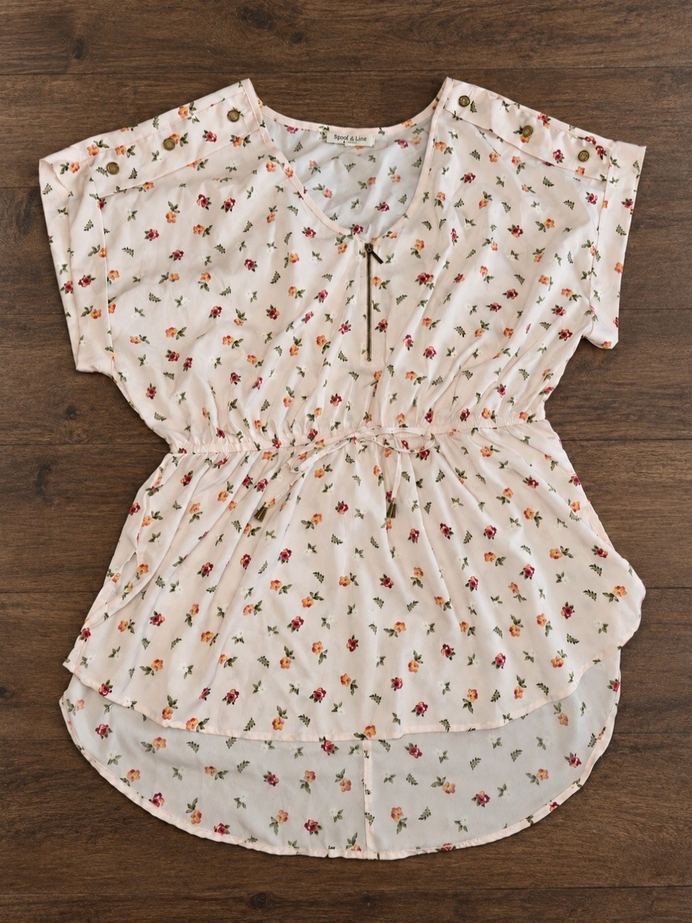 Pink Floral Drawstring Waist Blouse - Medium